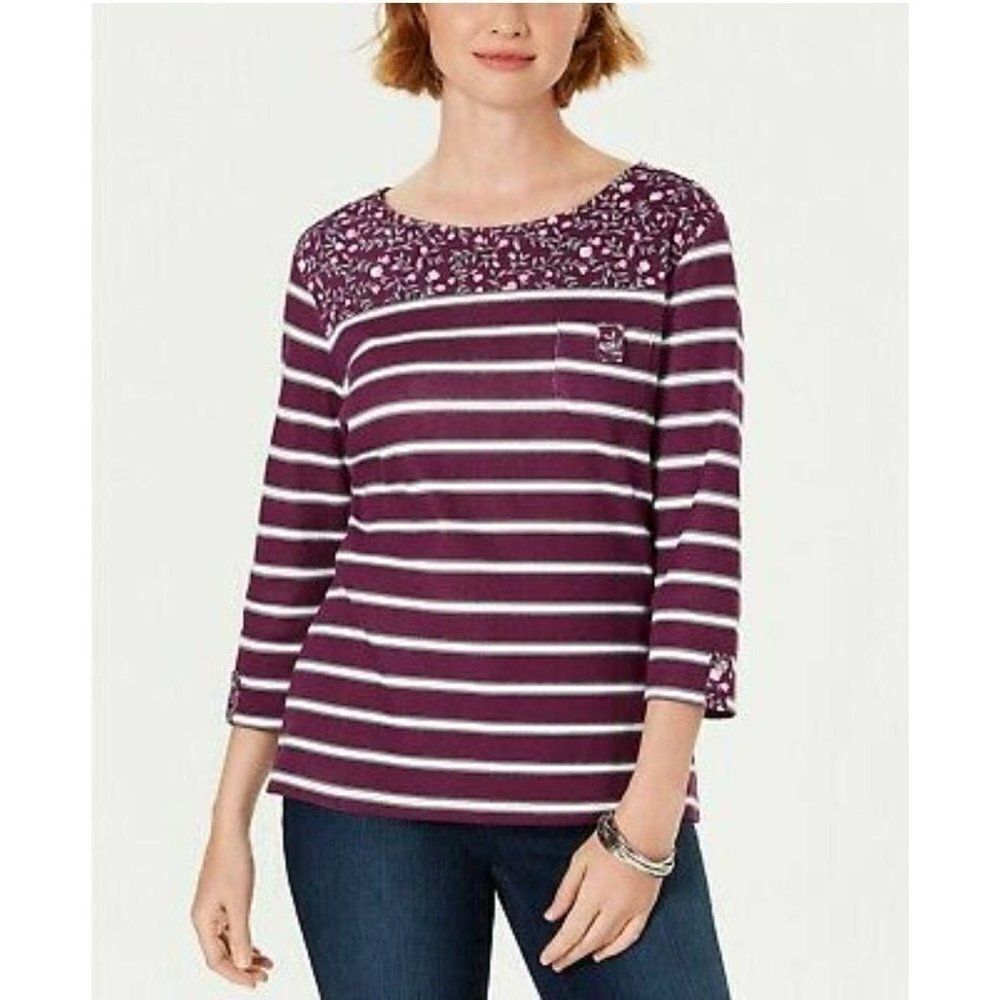 Karen Scott Cotton Blend Petite Floral Striped Poc